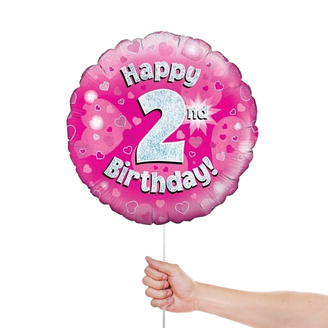 Pink Happy 2nd Birthday Holographic Round Foil Helium Balloon 46cm / 18 in Product Gallery Image