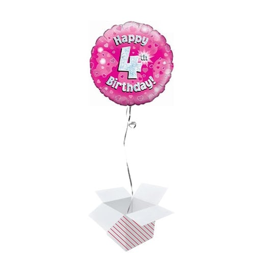 Pink Happy 4th Birthday Holographic Round Foil Helium Balloon - Inflated Balloon in a Box Product Gallery Image