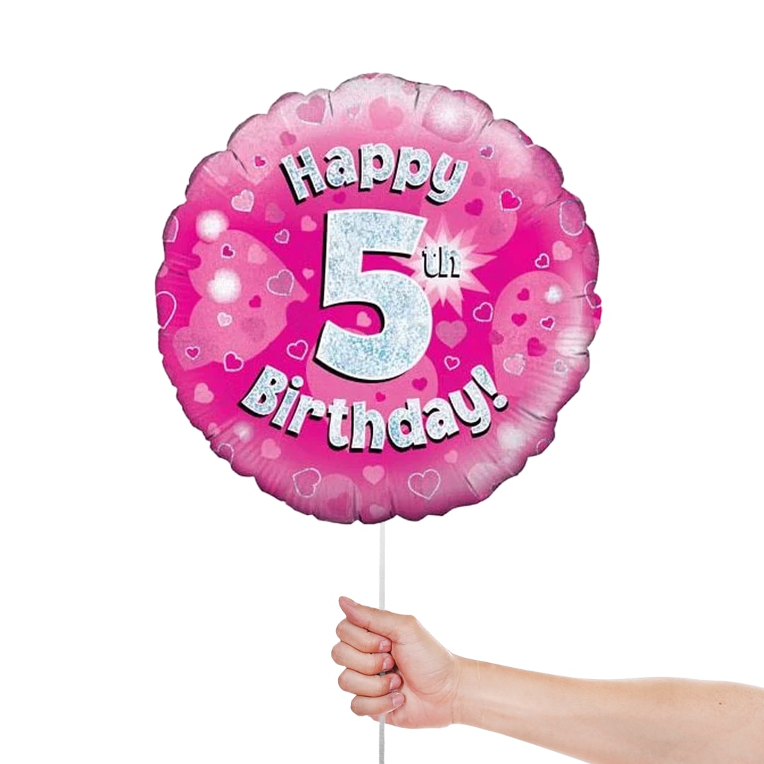 Pink Happy 5th Birthday Holographic Round Foil Helium Balloon 46cm / 18 in Product Gallery Image