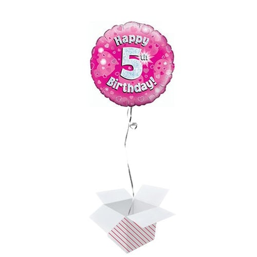 Pink Happy 5th Birthday Holographic Round Foil Helium Balloon - Inflated Balloon in a Box Product Image