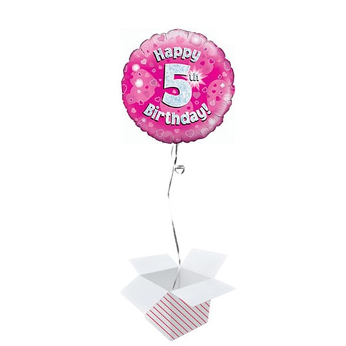 Pink Happy 5th Birthday Holographic Round Foil Helium Balloon - Inflated Balloon in a Box Product Gallery Image