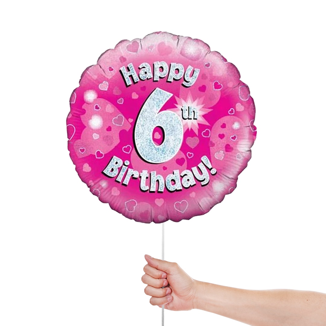 Pink Happy 6th Birthday Holographic Round Foil Helium Balloon 46cm / 18 in Product Gallery Image
