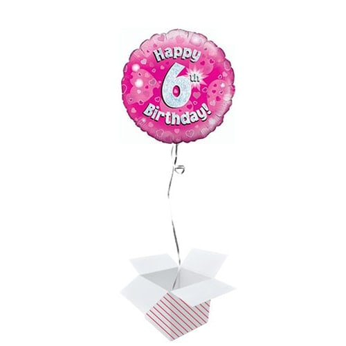Pink Happy 6th Birthday Holographic Round Foil Helium Balloon - Inflated Balloon in a Box Product Gallery Image