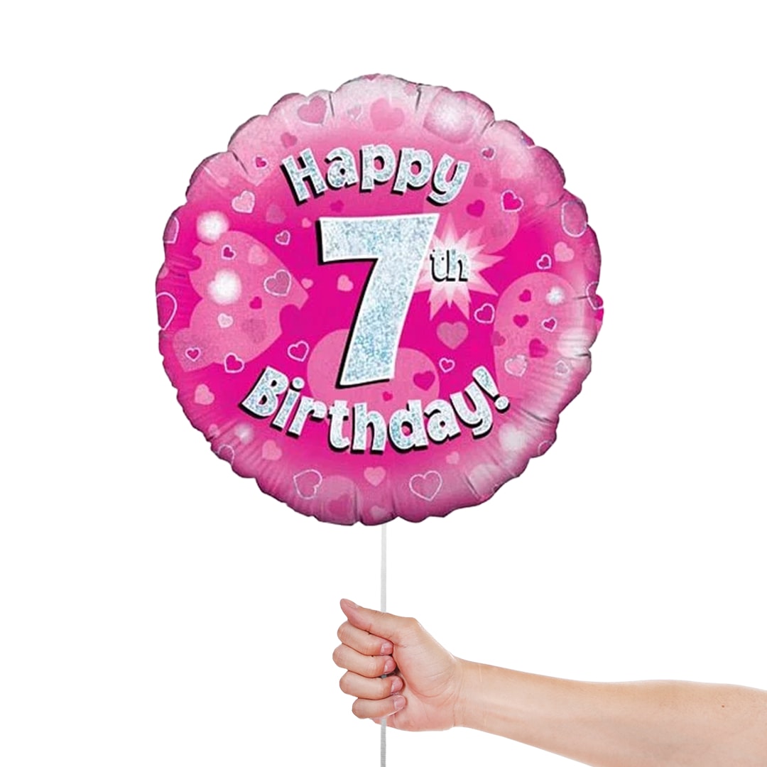 Pink Happy 7th Birthday Holographic Round Foil Helium Balloon 46cm / 18 in Product Gallery Image