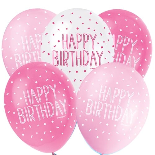 Pink Happy Birthday Assorted Biodegradable Latex Balloons 30cm / 12 in - Pack of 5 Product Image