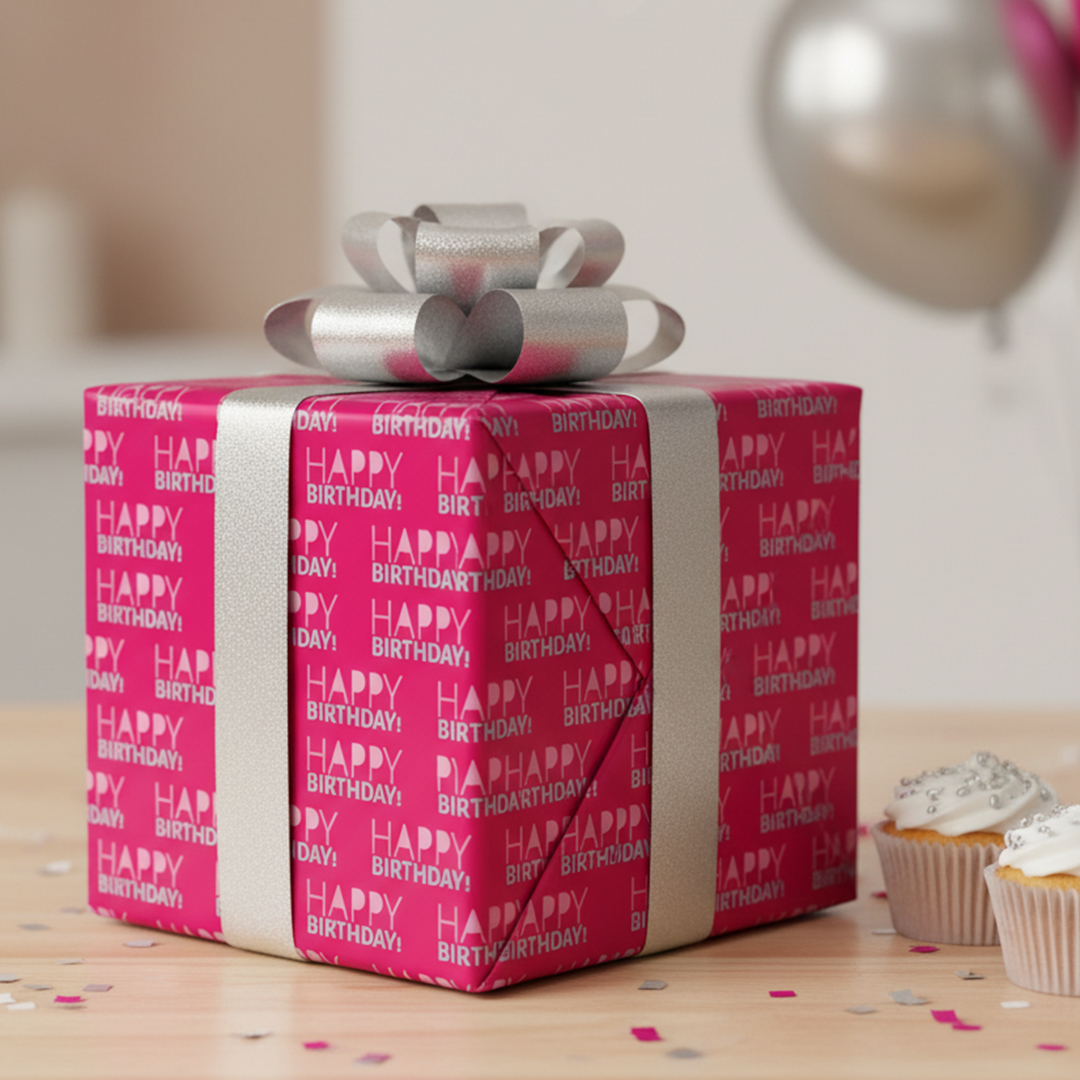 Pink Happy Birthday Gift Wrapping Paper Roll 3m