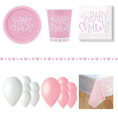 Pink Hearts Baby Shower 16 Person Deluxe Party Pack