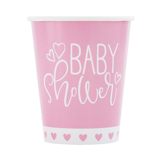 Pink Hearts Baby Shower Paper Cups 270ml - Pack of 8