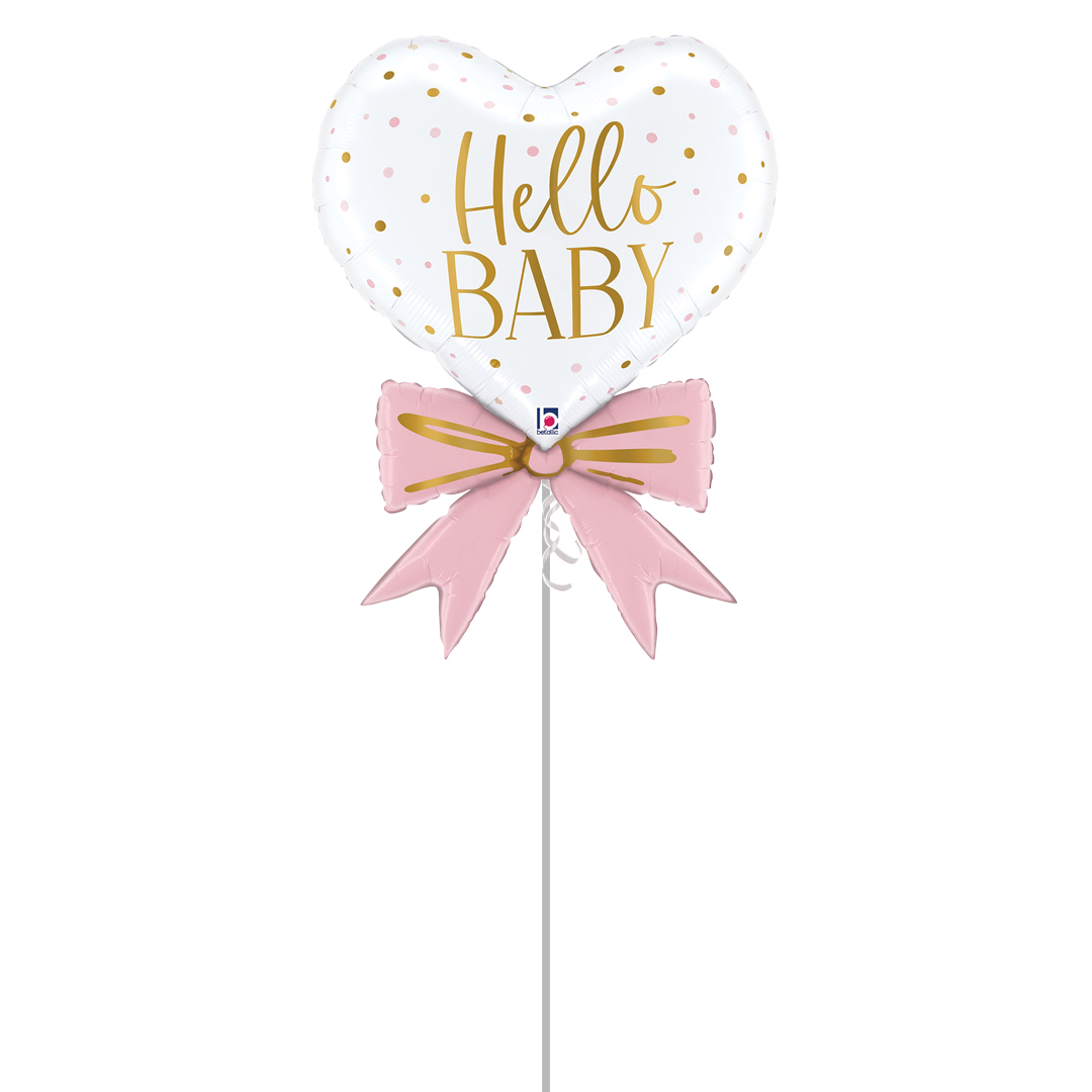 Pink Hello Baby Bow Heart Shaped Giant Foil Balloon - Inflated Balloon In A Box Product Gallery Image