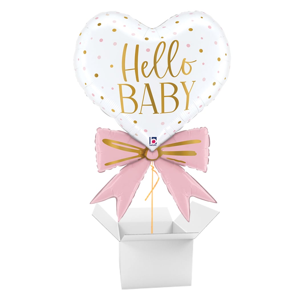 Pink Hello Baby Bow Heart Shaped Giant Foil Balloon - Inflated Balloon In A Box