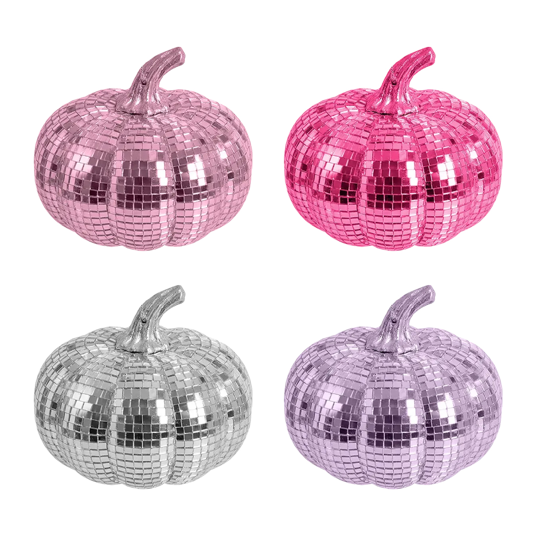 Pink, Lilac and Silver Mini Disco Pumpkin Halloween Decorations - Pack of 4