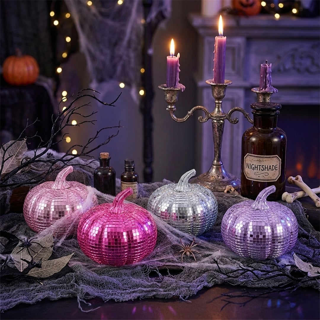 Pink, Lilac and Silver Mini Disco Pumpkin Halloween Decorations 7cm - Pack of 4