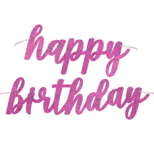 Pink Script Happy Birthday Holographic Foil Cardboard Letter Banner 84cm Product Image