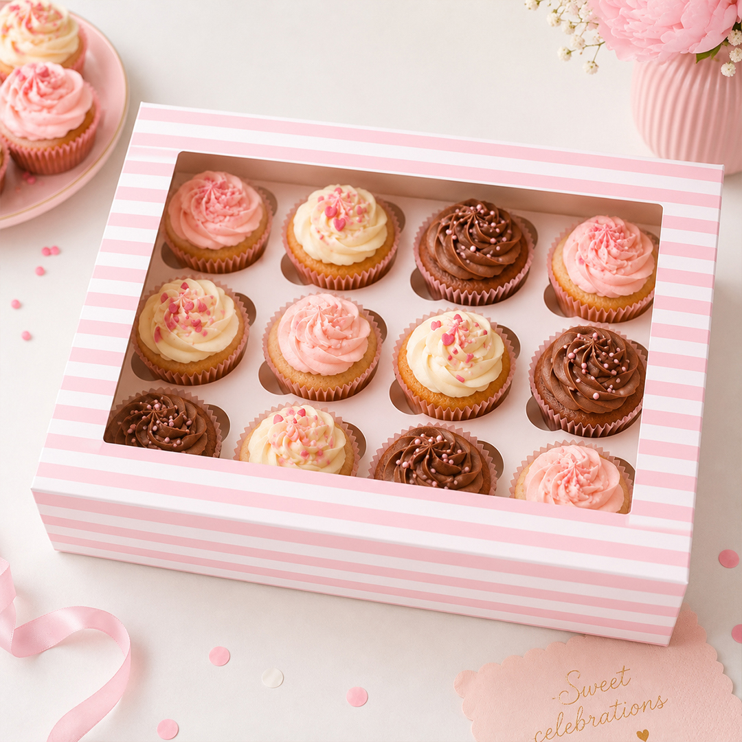Pink Stripes Twelve Hole Cupcake Box