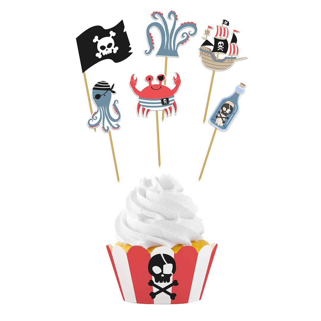 Pirate Party Food Cake Picks & Cupcake Wraps Kit - Pack of 12