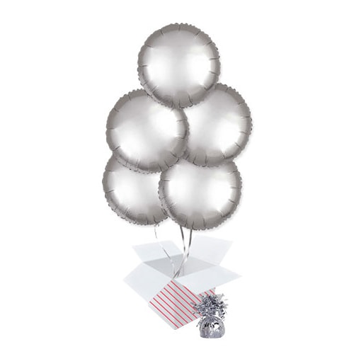 Platinum Silver Satin Luxe Round Foil Helium Balloon Bouquet - 5 Inflated Balloons In A Box Product Gallery Image