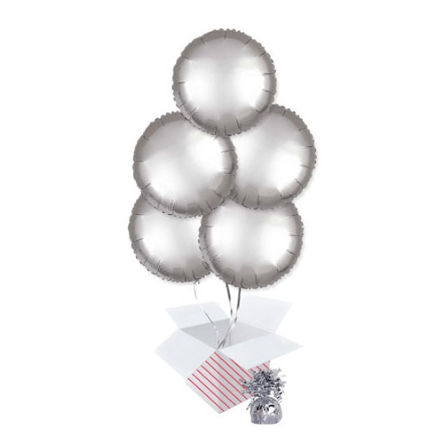 Platinum Silver Satin Luxe Round Foil Helium Balloon Bouquet - 5 Inflated Balloons In A Box Product Image