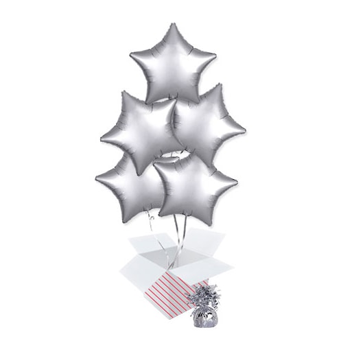 Platinum Silver Satin Luxe Star Foil Helium Balloon Bouquet - 5 Inflated Balloons In A Box Product Image