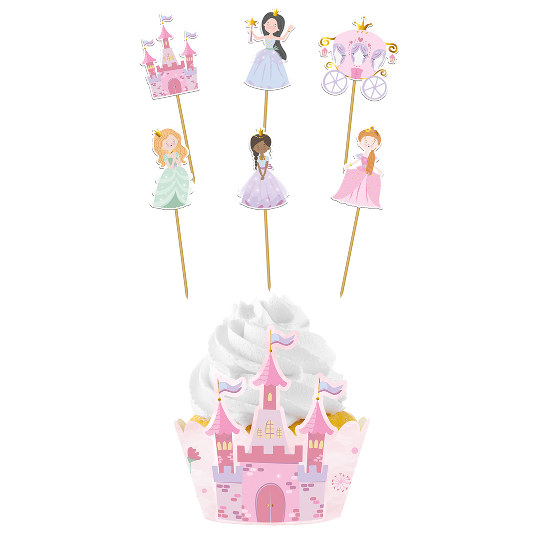 Pretty Princess Party Food Cake Picks & Cupcake Wraps Kit - Pack of 12