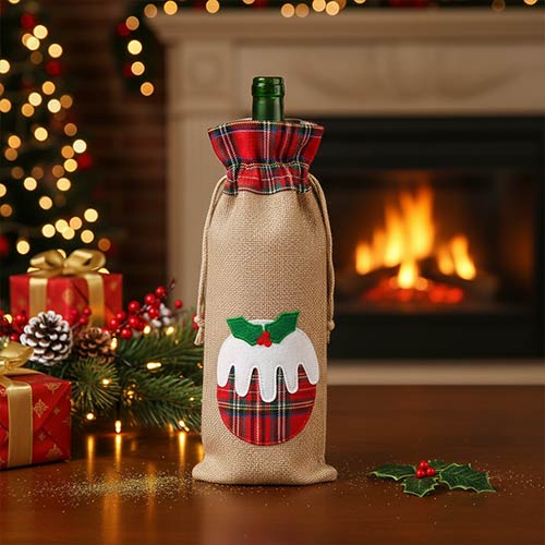 Pudding & Tartan Natural Hessian Christmas Bottle Gift Bag 37cm