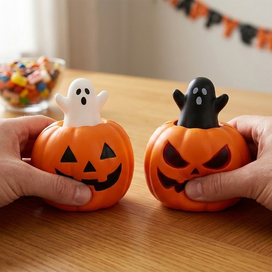 Pumpkin Stress Relief Squeeze Toy with Surprise Halloween Ghost 7cm View 2
