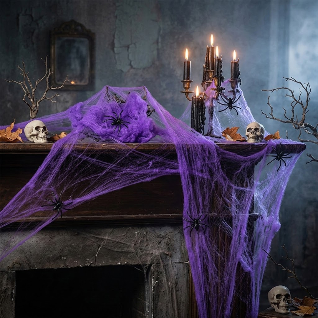 Purple Cobweb with Plastic Spiders Halloween Decoration 60g