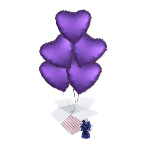 Purple Royale Satin Luxe Heart Foil Helium Balloon Bouquet - 5 Inflated Balloons In A Box Product Gallery Image