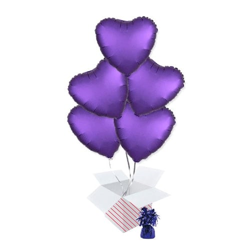 Purple Royale Satin Luxe Heart Foil Helium Balloon Bouquet - 5 Inflated Balloons In A Box Product Image