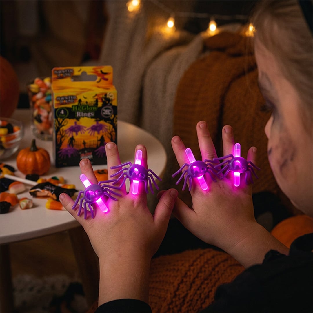Purple Spider Hi-Glow Halloween Rings - Pack of 4
