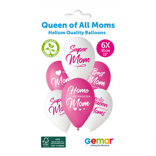 Queen of All Moms Pink & White Latex Balloons 33cm / 13 in - Pack of 6 Product Gallery Image