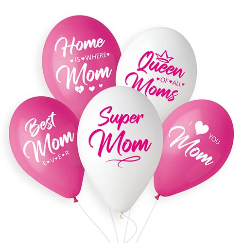 Queen of All Moms Pink & White Latex Balloons 33cm / 13 in - Pack of 6 Product Gallery Image