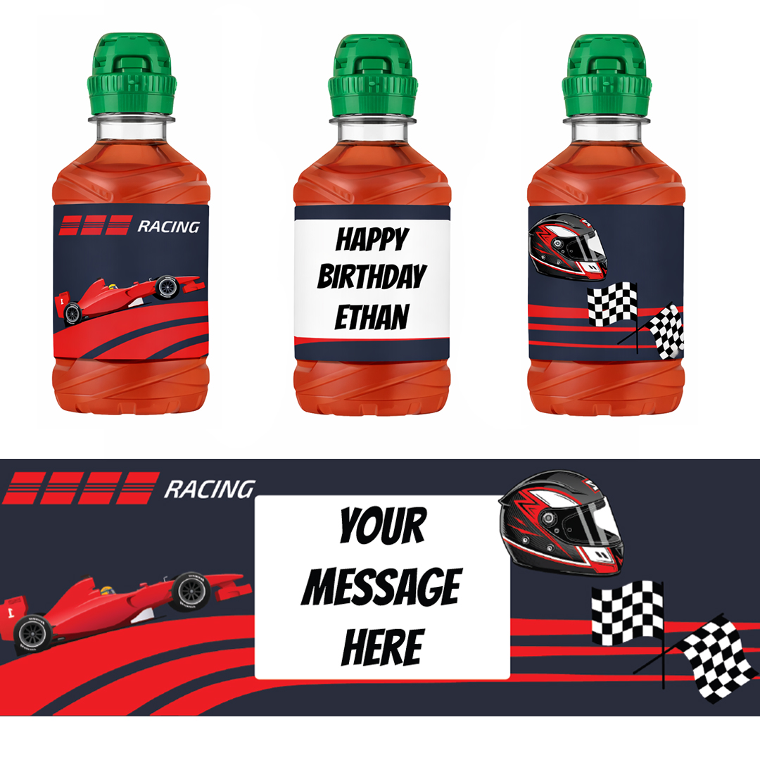 Racing Car Personalised Drinks Bottle Packaging Label Stickers 20cm - Sheet of 7