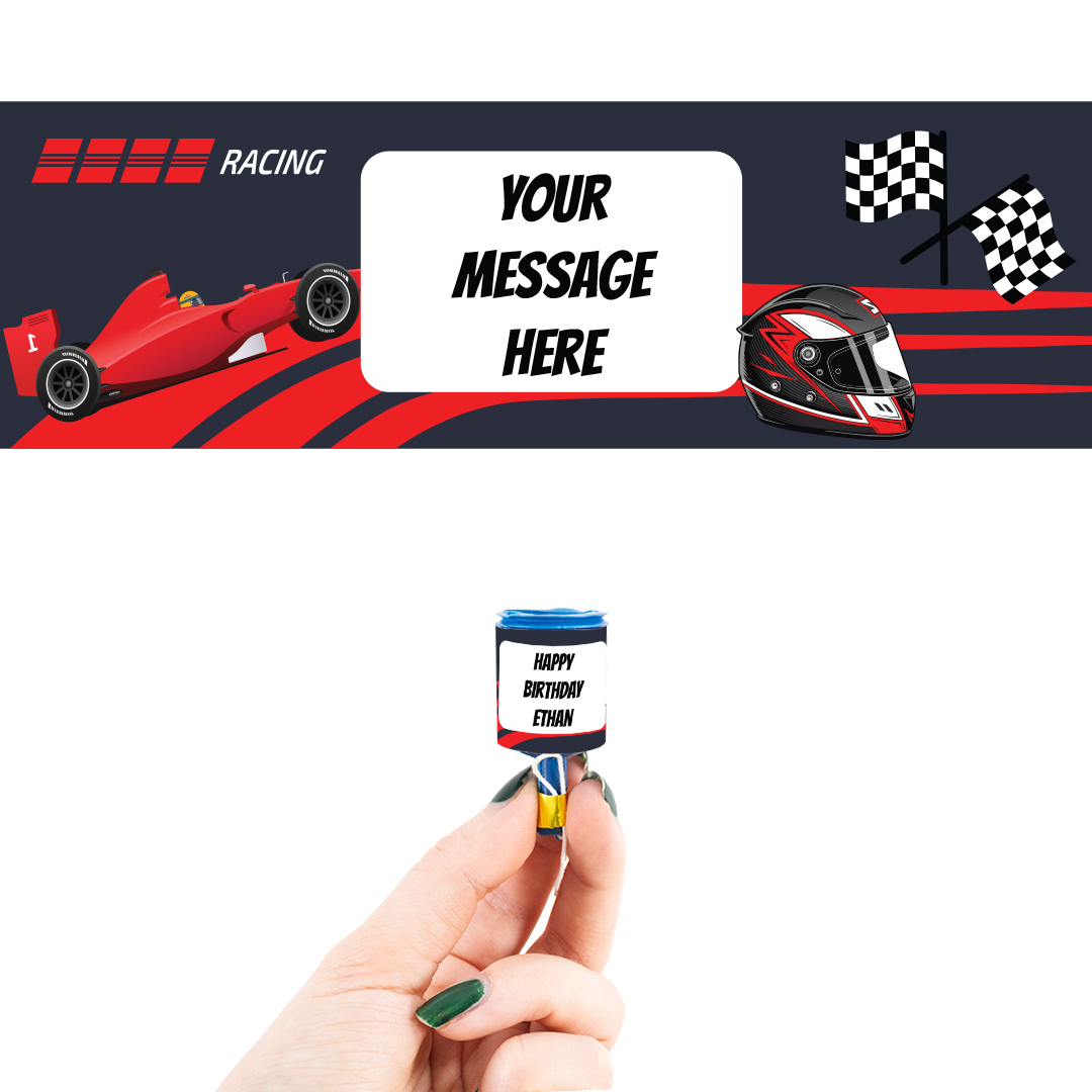 Racing Car Personalised Party Popper Packaging Label Stickers 9cm - Sheet of 16