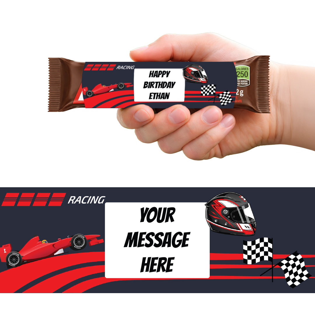 Racing Car Personalised Sweet Chocolate Bar Packaging Label Stickers 9.1cm - Sheet of 16