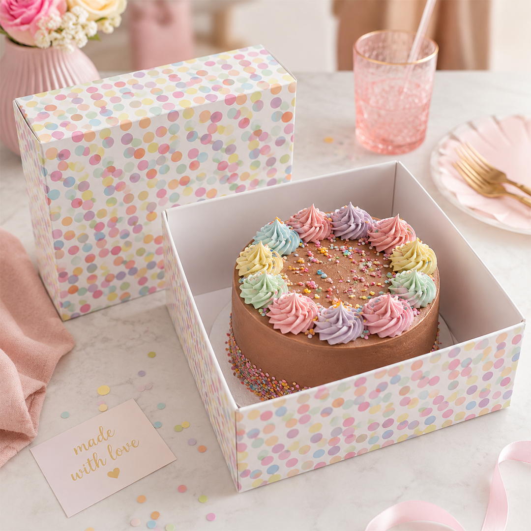 Rainbow Polka Dot Cake Box & Board Set