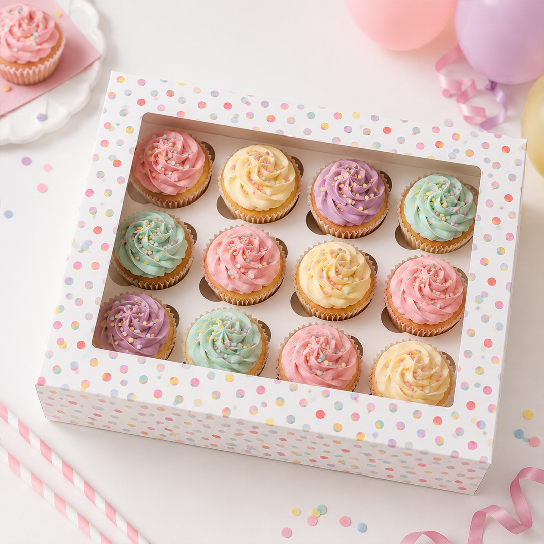 Rainbow Polka Dot Twelve Hole Cupcake Box