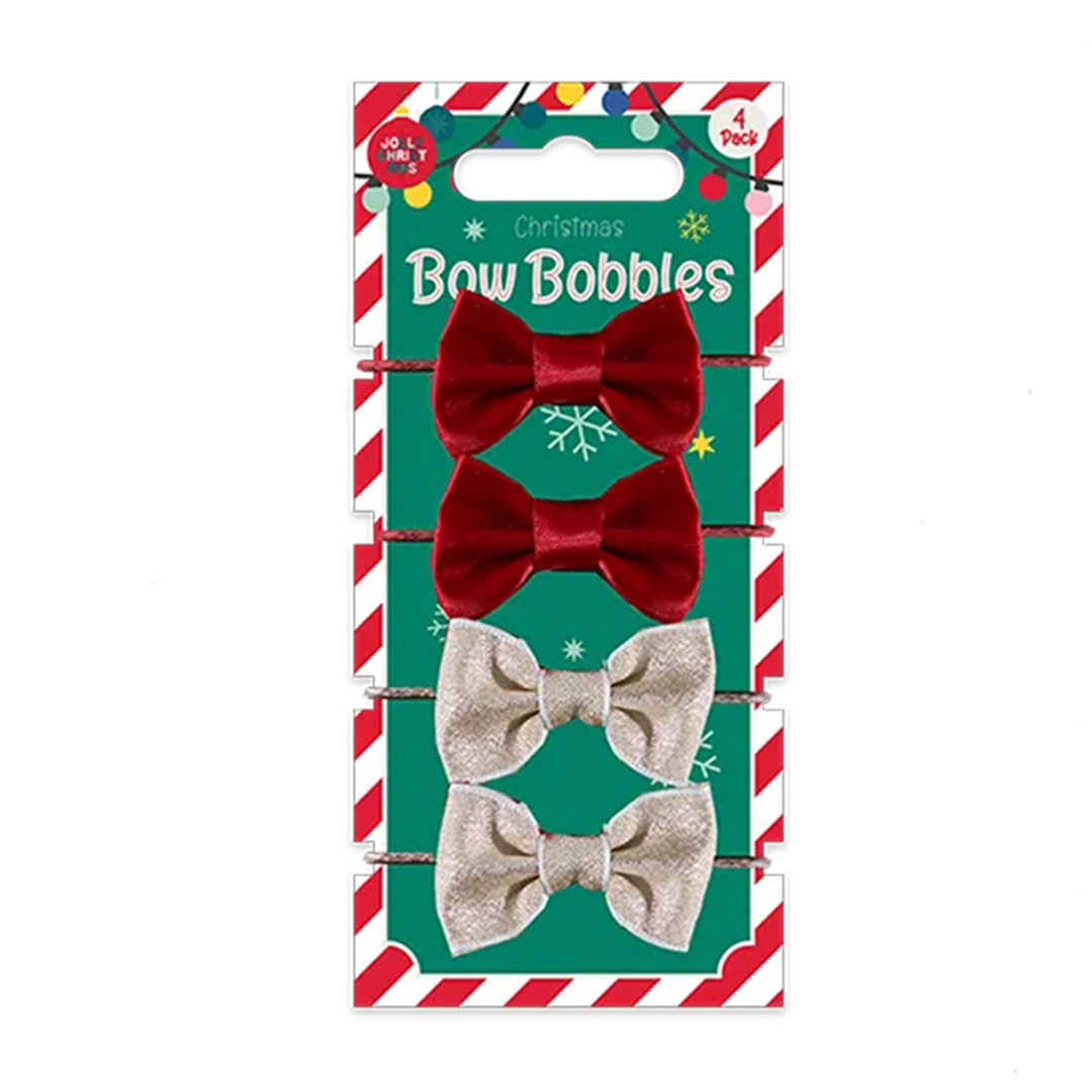 Red & Gold Christmas Bow Bobbles Hair Bands - Pack of 4