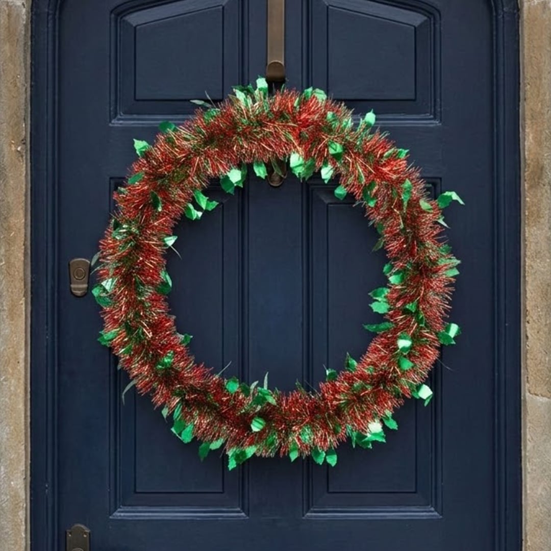 Red & Green Holly Tinsel Wreath Christmas Hanging Decoration 30cm