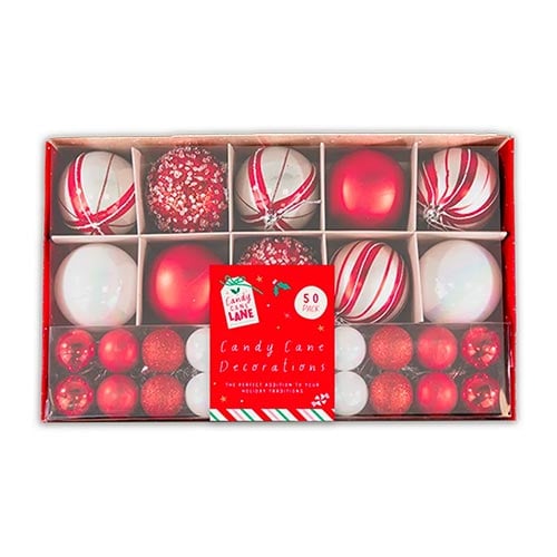 Red & White Candy Cane Luxury Christmas Tree Bauble Hanging Decorations - Pack of 50 Product Image