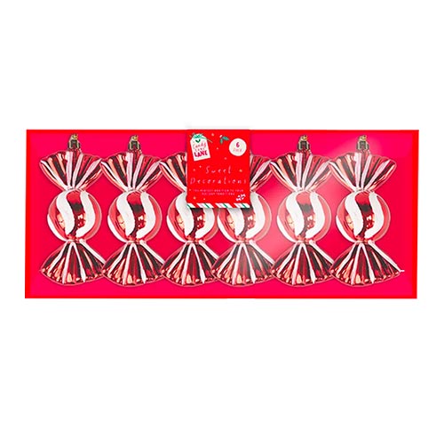 Red & White Candy Stripe Sweet Shaped Christmas Bauble Hanging Decorations - Pack of 6 Product Image