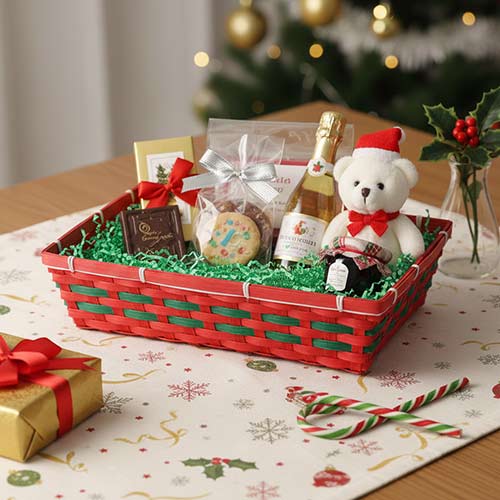 Red & Green Christmas Woven Bamboo Hamper Gift Basket 42cm