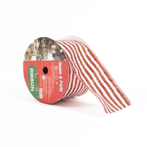 Red and White Candy Stripe Glitter Luxury Christmas Decorative Wired Ribbon Reel 3m Product Gallery Image