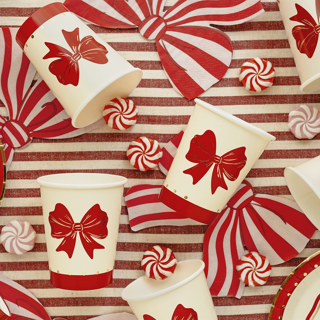 Red Bow Beige Christmas Paper Cups 250ml - Pack of 6 View 2