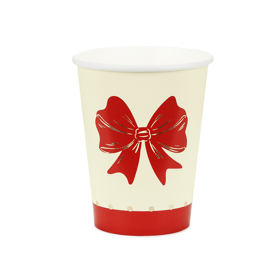 Red Bow Beige Christmas Paper Cups 250ml - Pack of 6