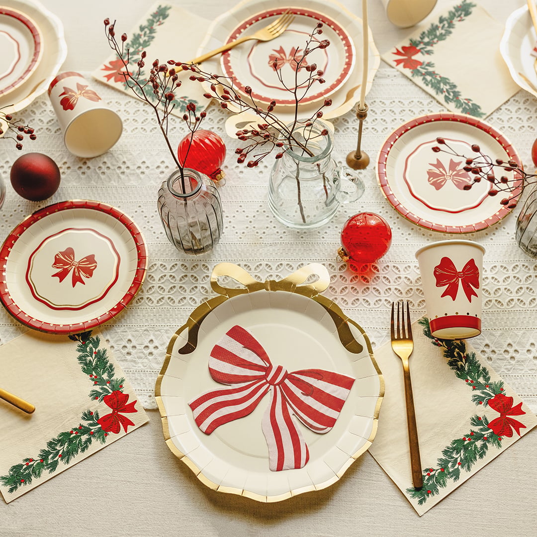 Red Bow Beige Christmas Round Paper Plates 18cm - Pack of 6 View 3