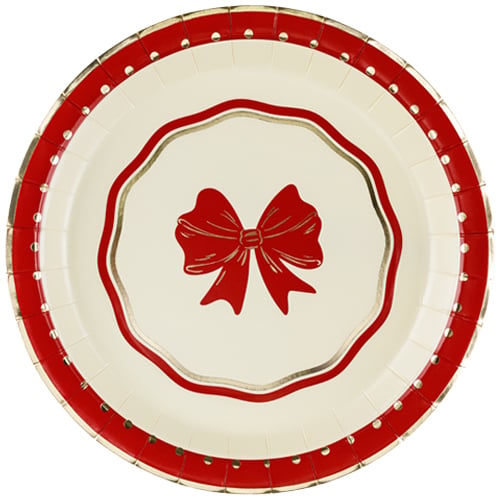 Red Bow Beige Christmas Round Paper Plates 18cm - Pack of 6