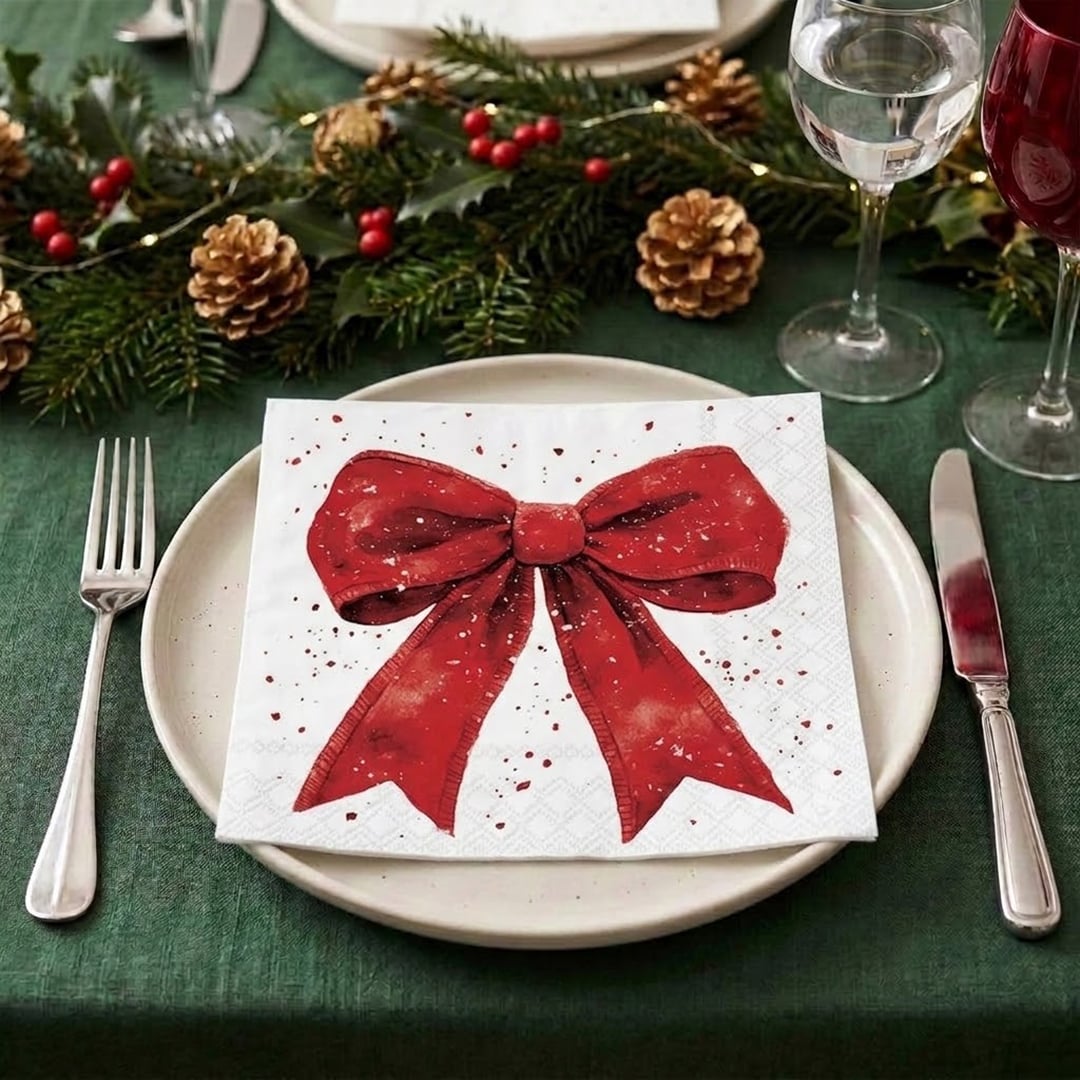 Red Bow Christmas White Paper Luncheon Napkins 3 Ply 33cm - Pack of 20