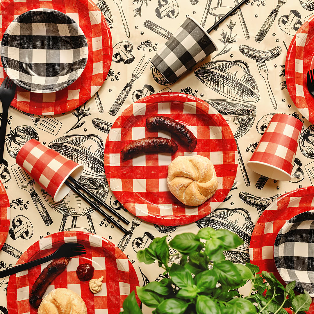 Red Checkered Gingham Picnic & Barbecue Round Paper Plates 27cm - Pack of 6 Product Gallery Image