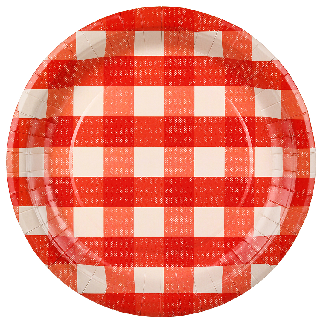 Red Checkered Gingham Picnic & Barbecue Round Paper Plates 27cm - Pack of 6
