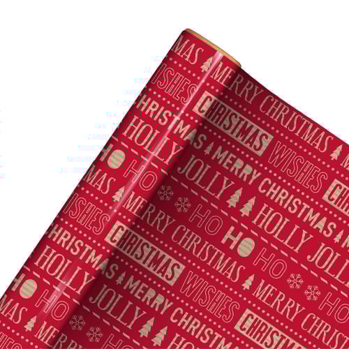 Red Christmas Phrases Recyclable Kraft Gift Wrapping Paper Roll 7m Product Gallery Image
